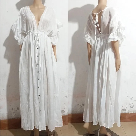 NEW! Bohemian Long White Gauze Maxi Peasant Dress - Picture 8 of 8